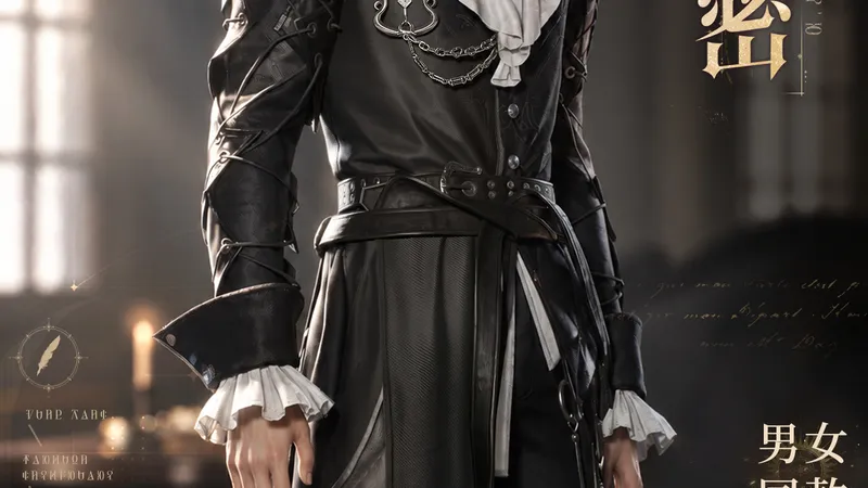 Official Poet's Secret outfit poster showing a dark-haired male character in a long black coat with a white ruffled shirt, silver chains and laced sleeves