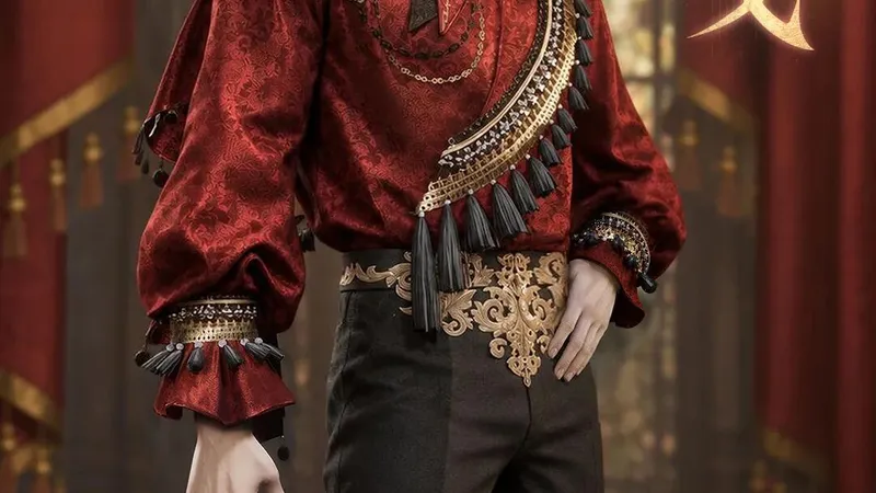 Official Flamenco outfit poster showing a silver-haired male model in a patterned red shirt, gold shoulder ornaments, black tassels and black trousers