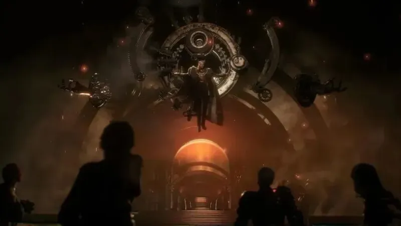 Roselle floats before a circular mechanical structure above an orange-lit chamber, with four figures watching in the foreground