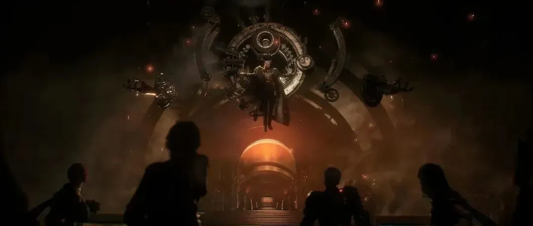 Roselle floats before a circular mechanical structure above an orange-lit chamber, with four figures watching in the foreground