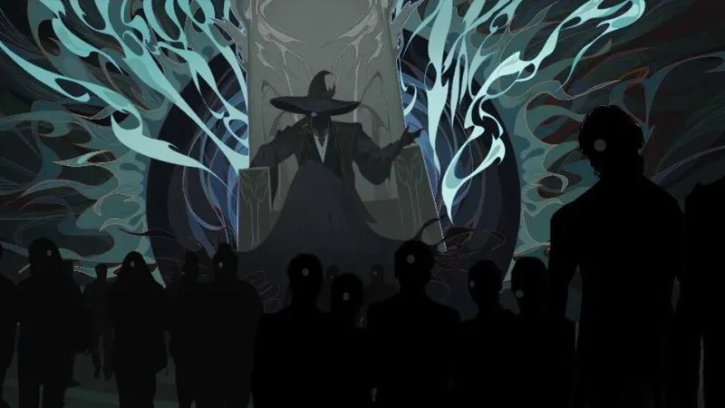 Season 2 artwork with a central figure in a pointed hat, pale branching shapes and a crowd of dark silhouettes with white circular eyes