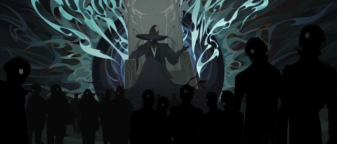 Season 2 artwork with a central figure in a pointed hat, pale branching shapes and a crowd of dark silhouettes with white circular eyes