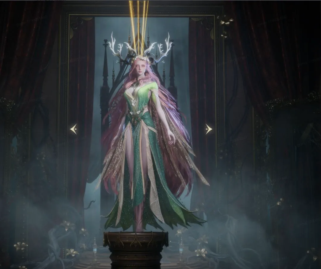 Sylvia with long pink hair, branching white antlers and a green-and-gold dress, displayed above a pedestal beneath golden strings