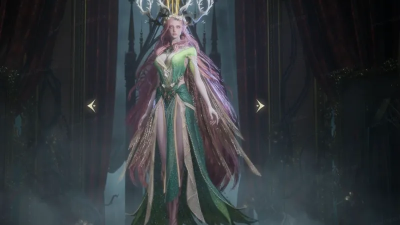 Sylvia with long pink hair, branching white antlers and a green-and-gold dress, displayed above a pedestal beneath golden strings
