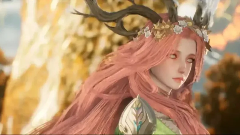 Sylvia with pink hair and a flower-covered antler crown in the official Tree of Abundance dungeon preview