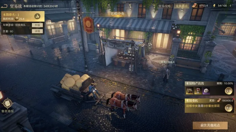 A horse-drawn cargo cart at Tingen Central, with Trade War controls, station goods and a 10 percent tax shown in the preview interface
