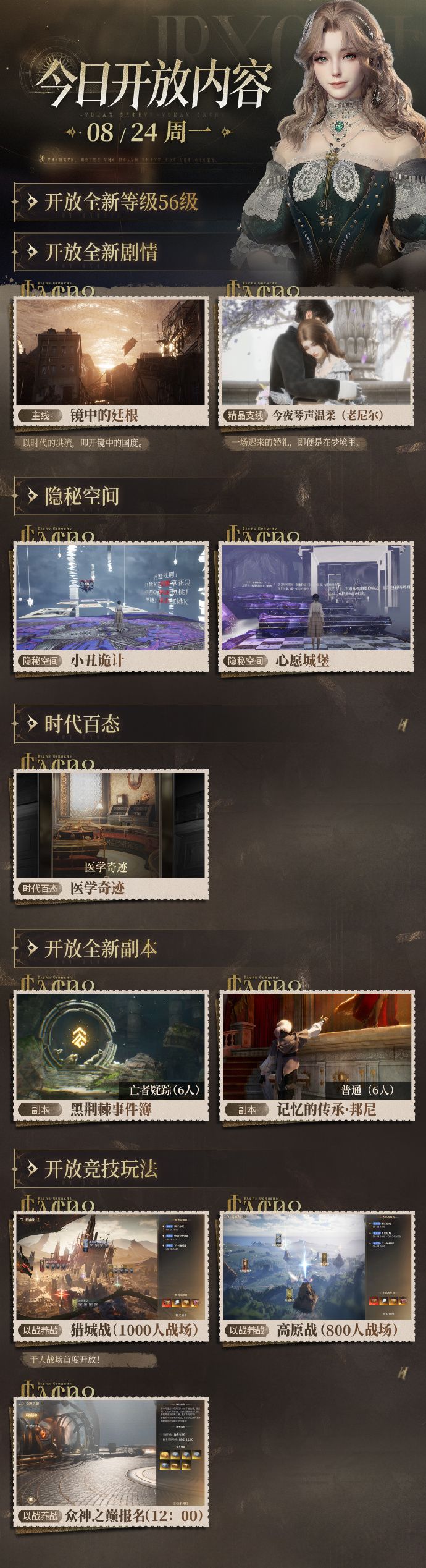 Chinese Lord of Mysteries August 24 update poster listing level 56, new story quests, hidden spaces, dungeons and large PvP battles