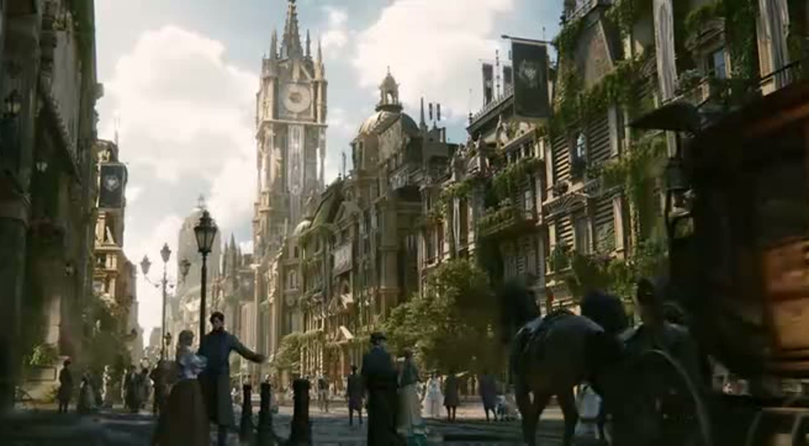 A busy Tingen street with horse traffic and a clock tower in the official Lord of Mysteries launch film