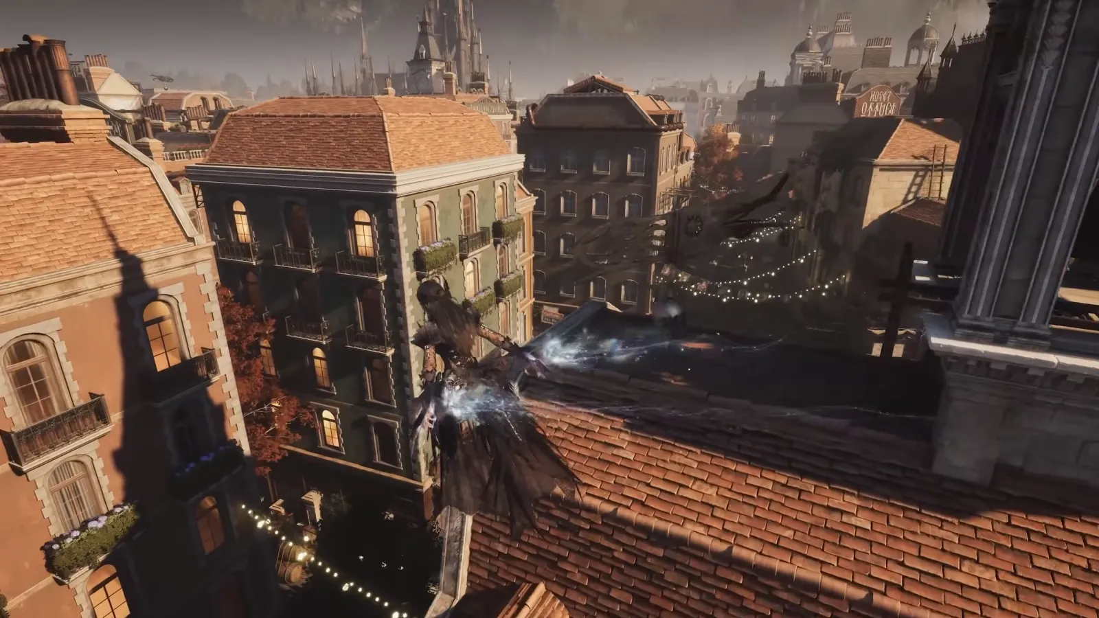 View over autumn rooftops with a horse cart below