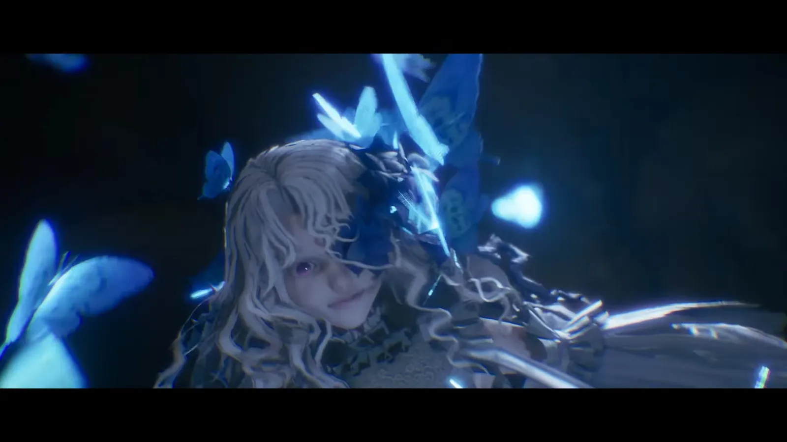 Pale-haired girl surrounded by glowing blue butterflies