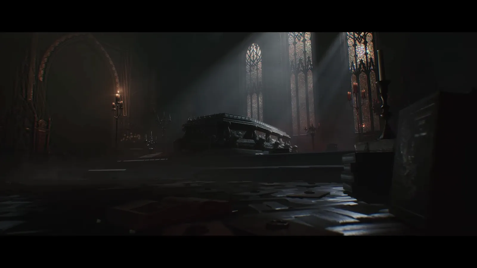 Moonlight falling through windows of a dark chapel