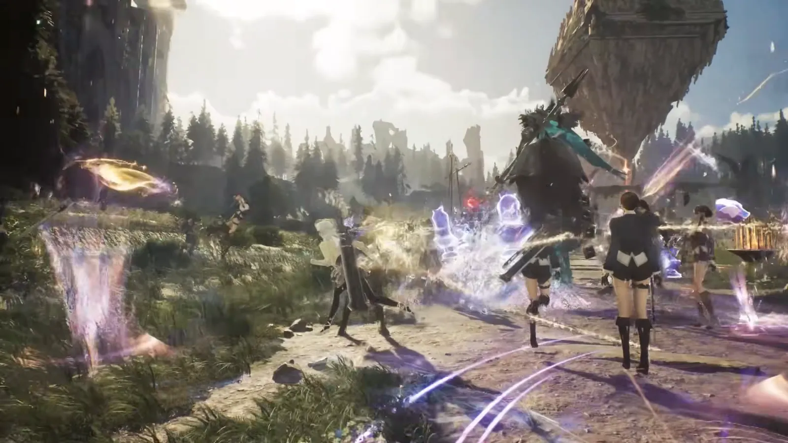Group fighting with purple spell effects in a forest clearing
