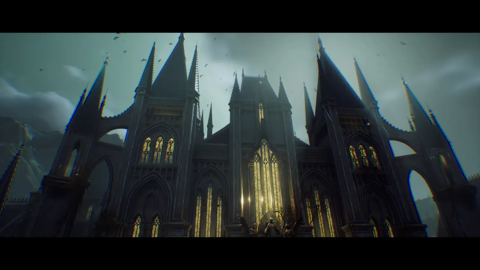 Gothic cathedral lit from within at night