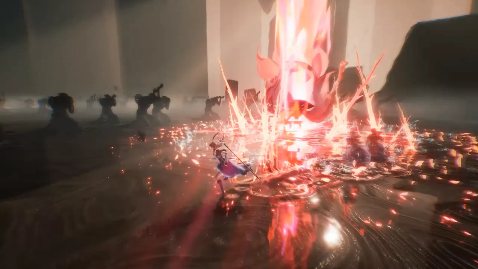 Red crystalline attack erupting in combat