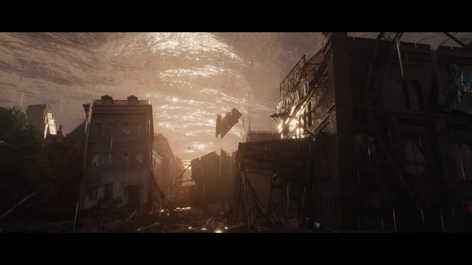 Ruined city under a sepia sky with floating debris