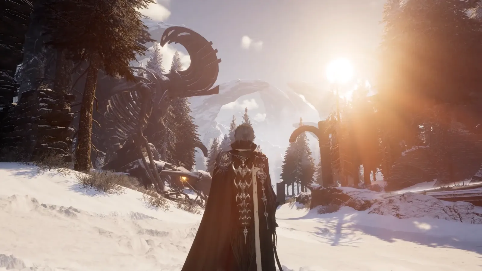 Cloaked figure trekking through snowy mountains toward ruins