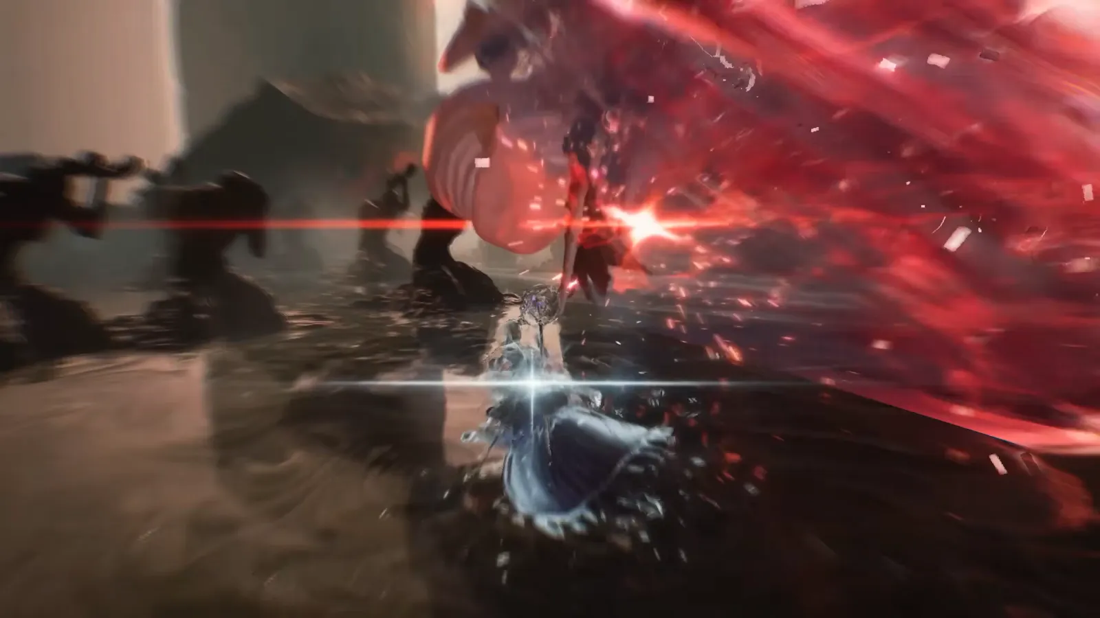 Battle with blue magic effects in a village