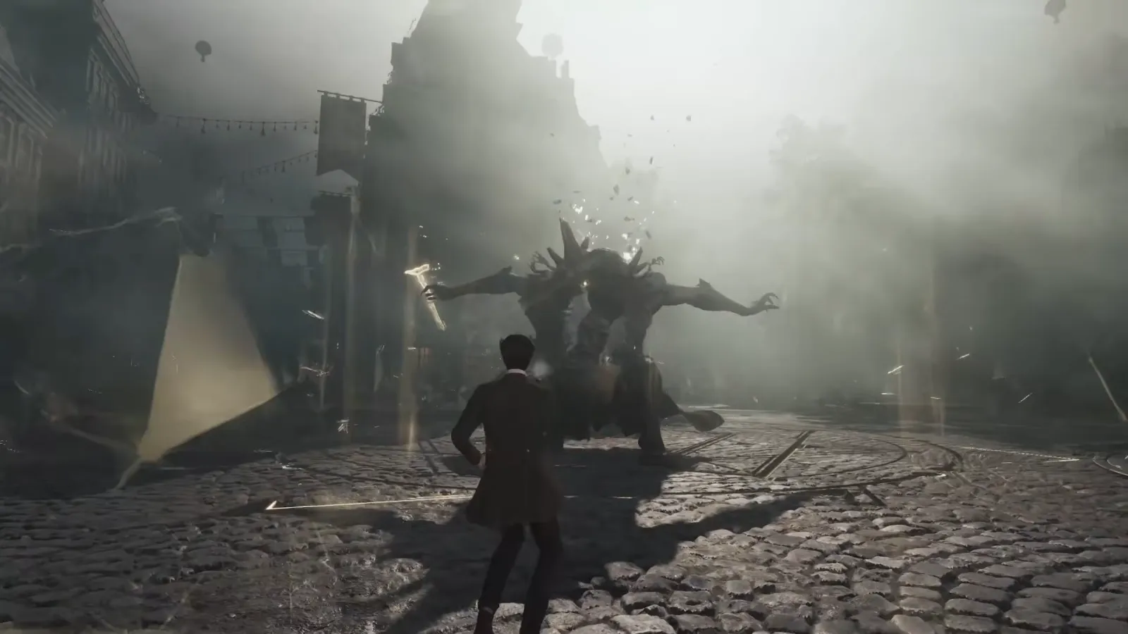 Two figures dueling in a foggy street