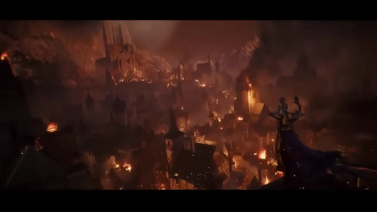 City burning under siege by a demonic figure