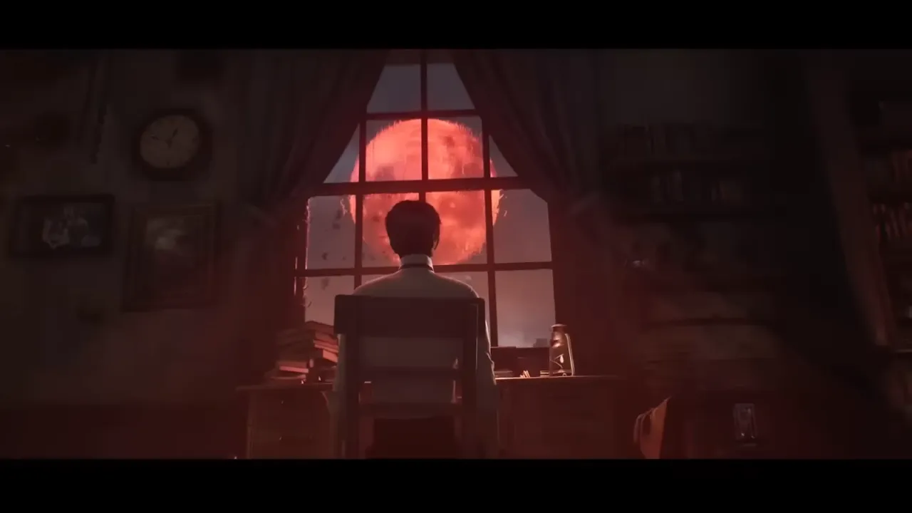 Figure at a desk facing a blood-red moon through the window