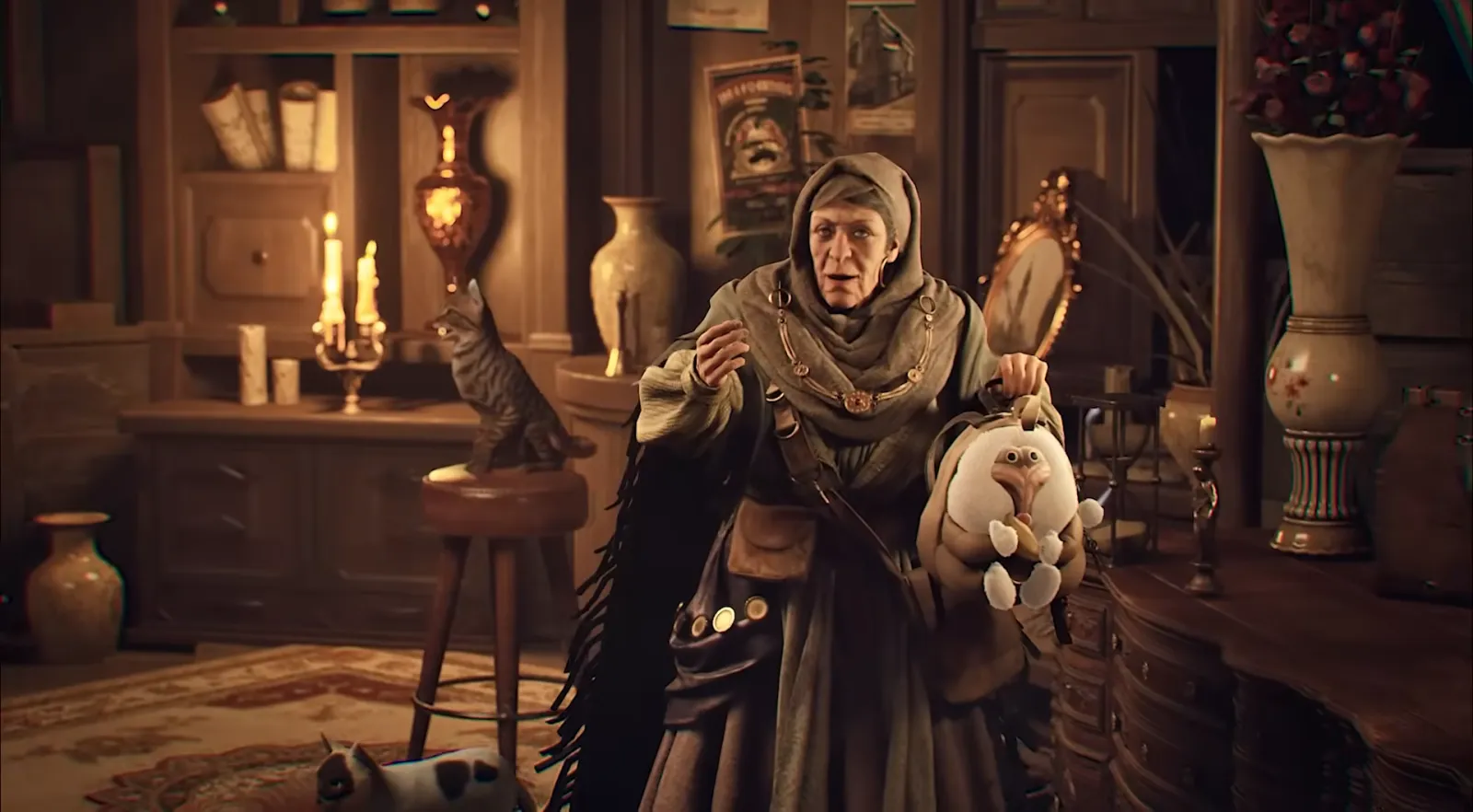 Antique dealer holding a plush rabbit in a cluttered shop