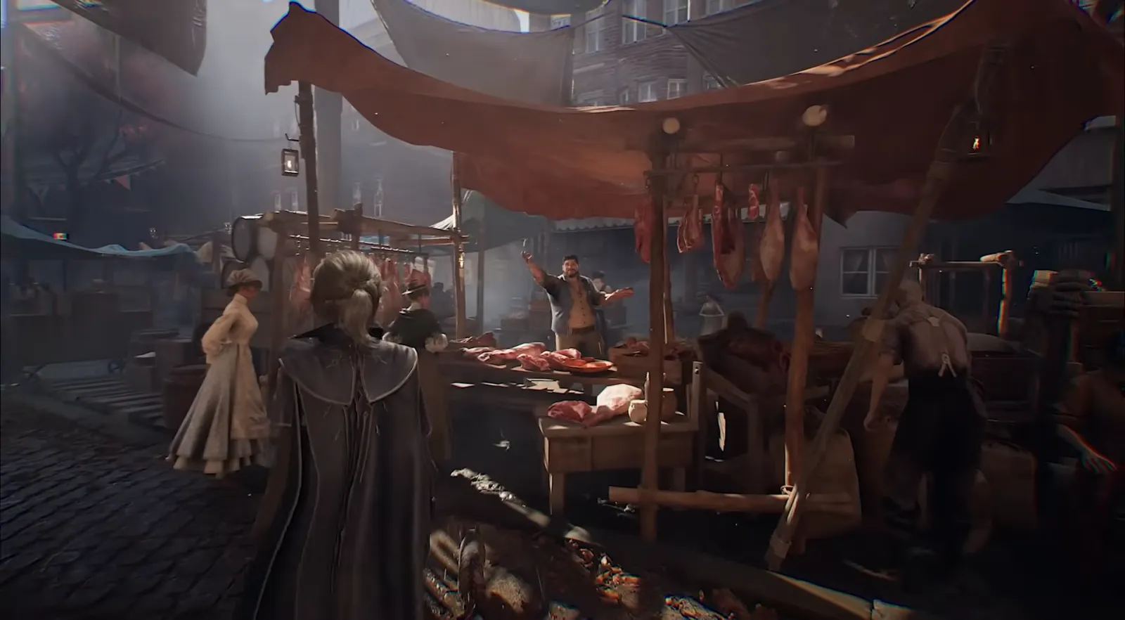 Butcher NPC gesturing at his market stall