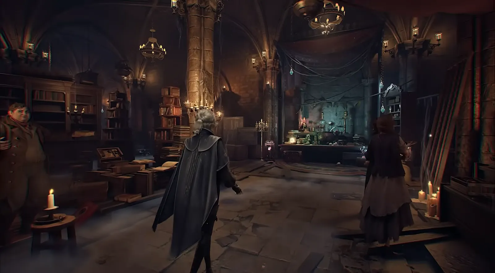 Apothecary shelves lined with potion bottles
