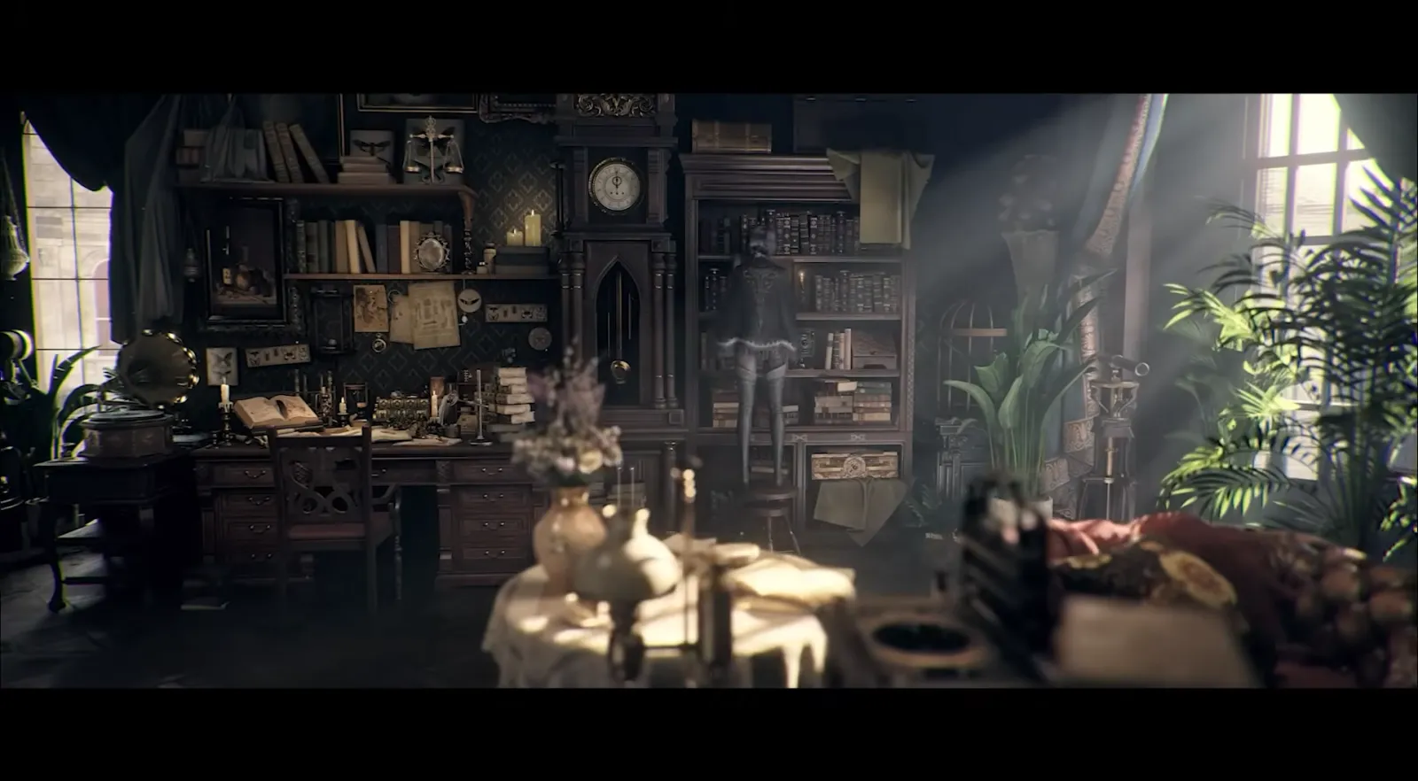 Sunlit Victorian study filled with books and instruments