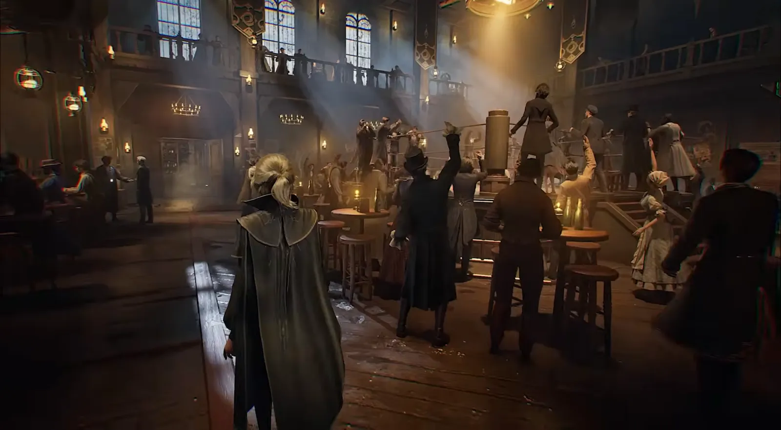 Tavern crowd celebrating with raised mugs